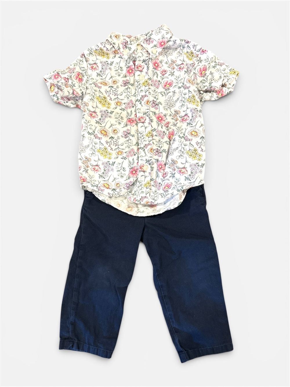 Janie and Jack Cream Floral Button-Down with Crewcut Navy Pants